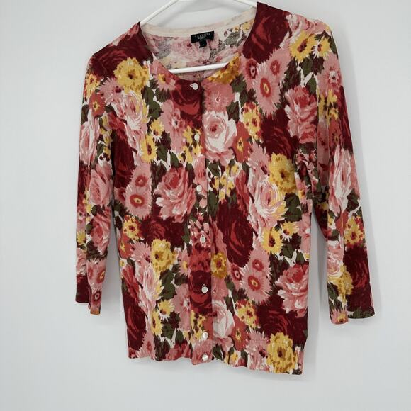 Talbots Sweater Womens Petite Small Pink Red Yellow Floral Silk Cotton Cardigan - Picture 4 of 9